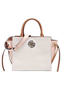 Rakennettu, kaksivärinen käsilaukku pehmeästä kerma- ja vaaleanpunaisesta nahasta. Varustettu pyöreällä metallilogolla, yläkahvoilla ja irrotettavalla olkahihnalla.