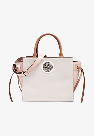 Borsa strutturata bicolore in morbido cuoio crema e rosa pallido. Caratterizzata da un logo metallico circolare, manici superiori e una tracolla removibile.