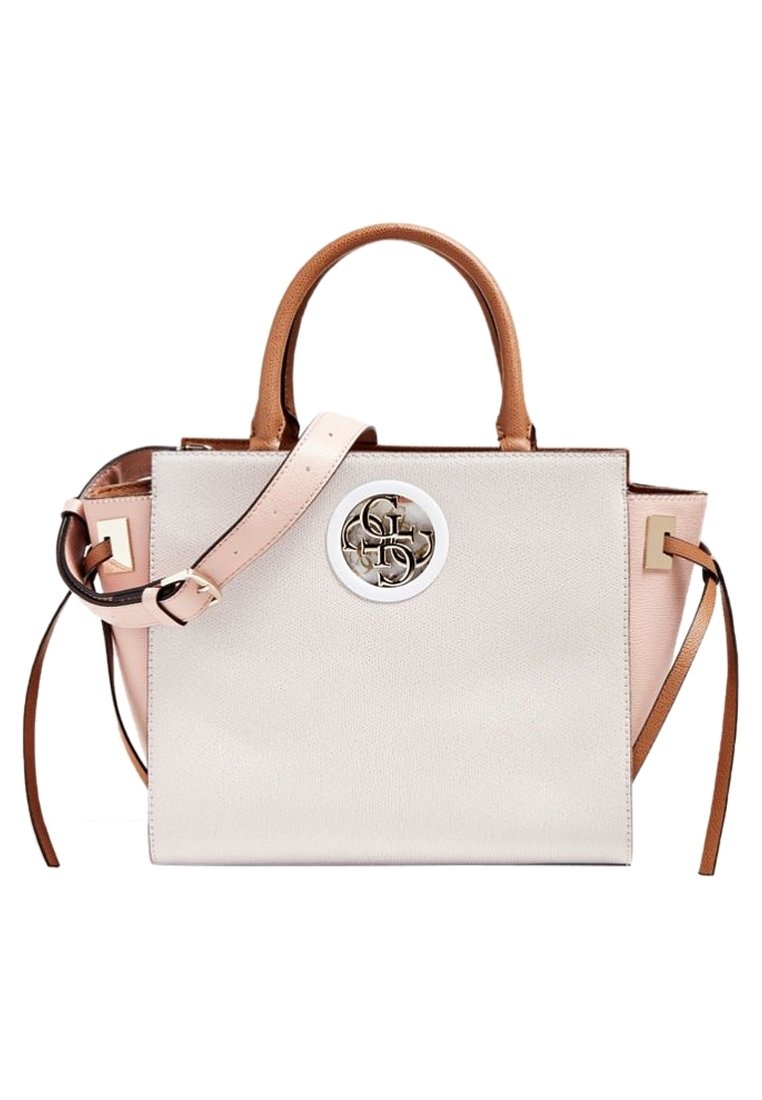 Rakennettu, kaksivärinen käsilaukku pehmeästä kerma- ja vaaleanpunaisesta nahasta. Varustettu pyöreällä metallilogolla, yläkahvoilla ja irrotettavalla olkahihnalla.