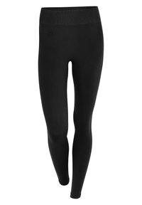 Leggings neri realizzati in materiale elasticizzato con vita alta. Presentano una texture liscia e un piccolo logo discreto sul davanti.