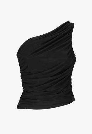 Top asimmetrico nero realizzato in morbido tessuto, con dettagli drappeggiati, una silhouette attillata e ruches lungo il corpo per un effetto texture.