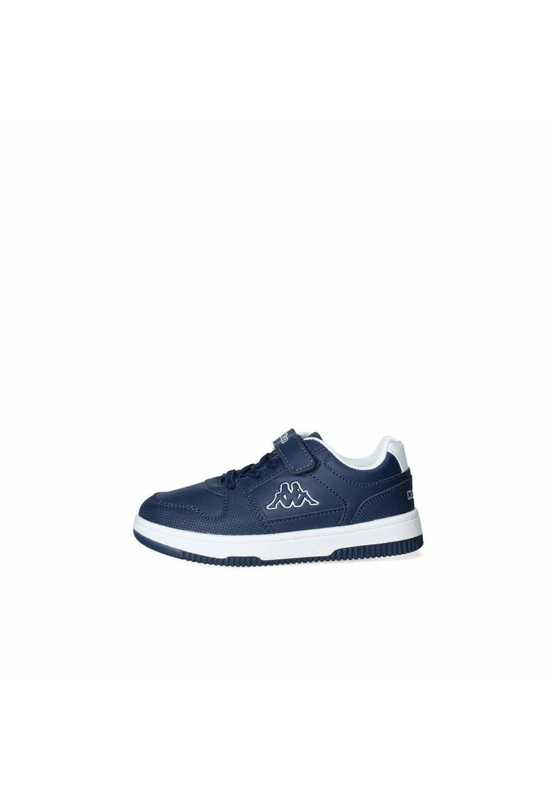 Scarpa da ginnastica blu navy con superiore sintetico testurizzato, accenti bianchi, cinturino in Velcro e logo. Presenta una suola in gomma con motivo antiscivolo.