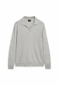 Lichtgrijze gebreide trui met een kraaghalslijn, lange mouwen, ribgebreide manchetten en zoom. Zachte textuur met subtiele kleurvariaties.