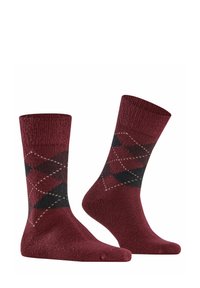 Skarpetki w burgundowy i czarny wzór argyle z teksturowanym splotem, z diamentowymi kształtami i kontrastującymi kolorami. Długość do połowy łydki.