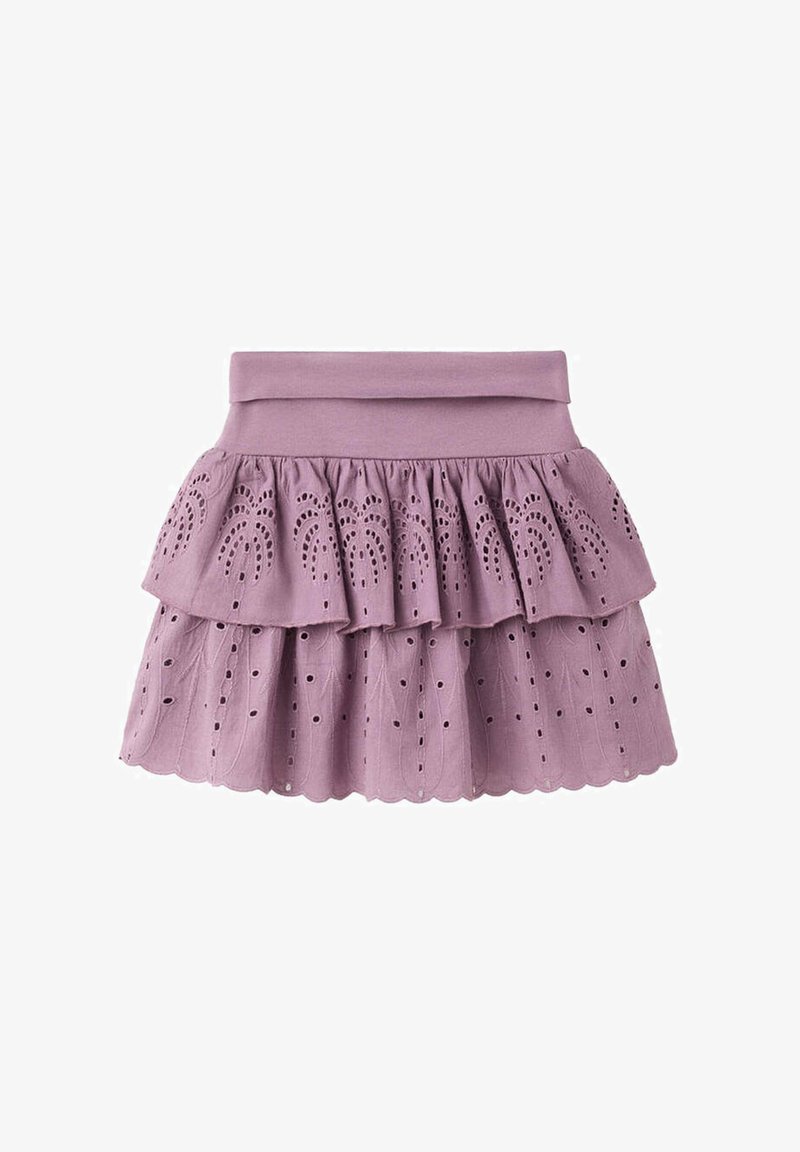Jupe lilas à volants avec ourlet festonné et motifs en dentelle à œillets, dotée d'une large ceinture pliée.