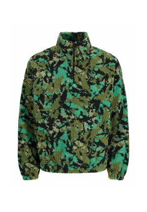 Polarowy półgolf w zielono-czarnym turkusowym kamuflażu. Posiada wysoki kołnierz i zamek błyskawiczny na pół. Teksturowany, miękki materiał.