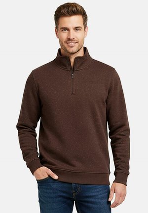 Bruine quarter-zip pullover gemaakt van textiel met een gestructureerd weefsel en een gespikkeld patroon. Heeft een hoge kraag en ribgebreide manchetten en zoom.