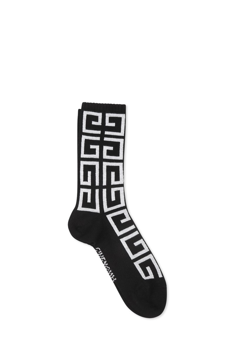 Calze nere con un motivo geometrico bianco, con una texture lavorata a maglia e un bordo a costine nella parte superiore. Gli accenti includono un logo sul lato.