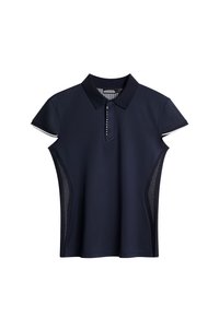 Marinblå polo-shirt med krage, korta ärmar och meshpaneler på sidorna; har en knapplist och kontrasterande kantband.