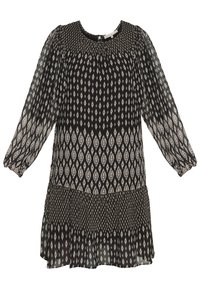 Svart klänning med långa, genomskinliga ärmar, prydad med ett diamantmönster i vitt och beige. Utsvängd kjol med rynkdetaljer vid midjan.