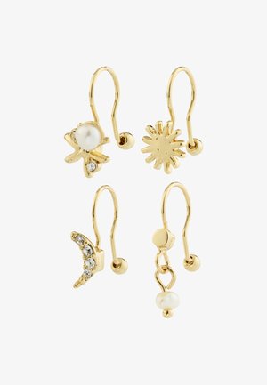 Vier Ohr-Cuffs in Gold-Ton mit Haken, mit Sonne, Halbmond mit Kristallen und Perlenakzenten.