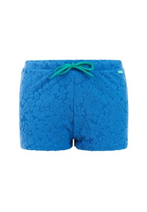 Blauwe korte broek van badstof met geperst bloemmotief en een teal kleurige aantrekkoord in de taille.