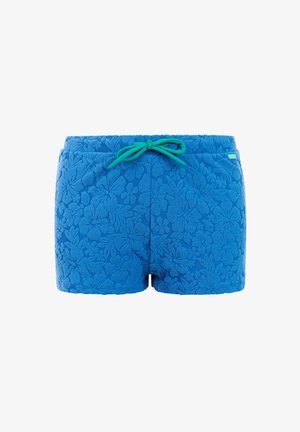 Shorts en éponge bleue avec motif floral en relief et cordon de serrage bleu sarcelle à la taille.