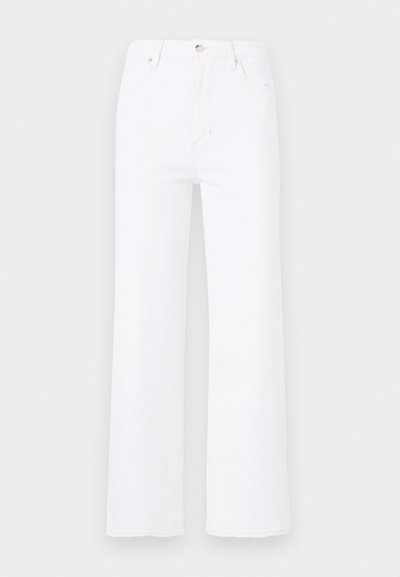 White denim jeans with a high waist and wide-leg cut. Features front pockets, a button closure, and subtle stitching details.