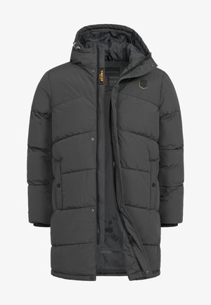 Grijze donsjas met capuchon, voorzien van een ritssluiting aan de voorkant, drukknopen en een doorgestikt patroon. De binnenkant heeft een contrasterende voering en branding.