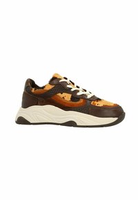 Brown multi-textured sneaker featuring snake skin pattern, orange accents, white laces, and a chunky white sole with dark rubber outsole.