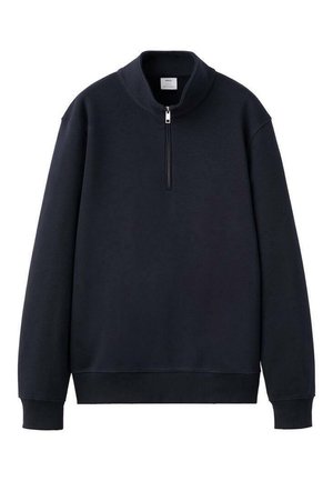Tmavě modrá mikina z měkké látky s vysokým límcem a čtvrtým zipem, doplněná žebrovanými manžetami a lemem. Jednoduchý design.