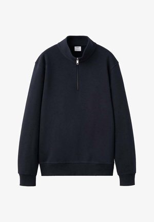 Marineblauwe pullover sweatshirt gemaakt van zachte stof, met een hoge kraag en een kwart rits, en geribbelde manchetten en zoom. Eenvoudig ontwerp.