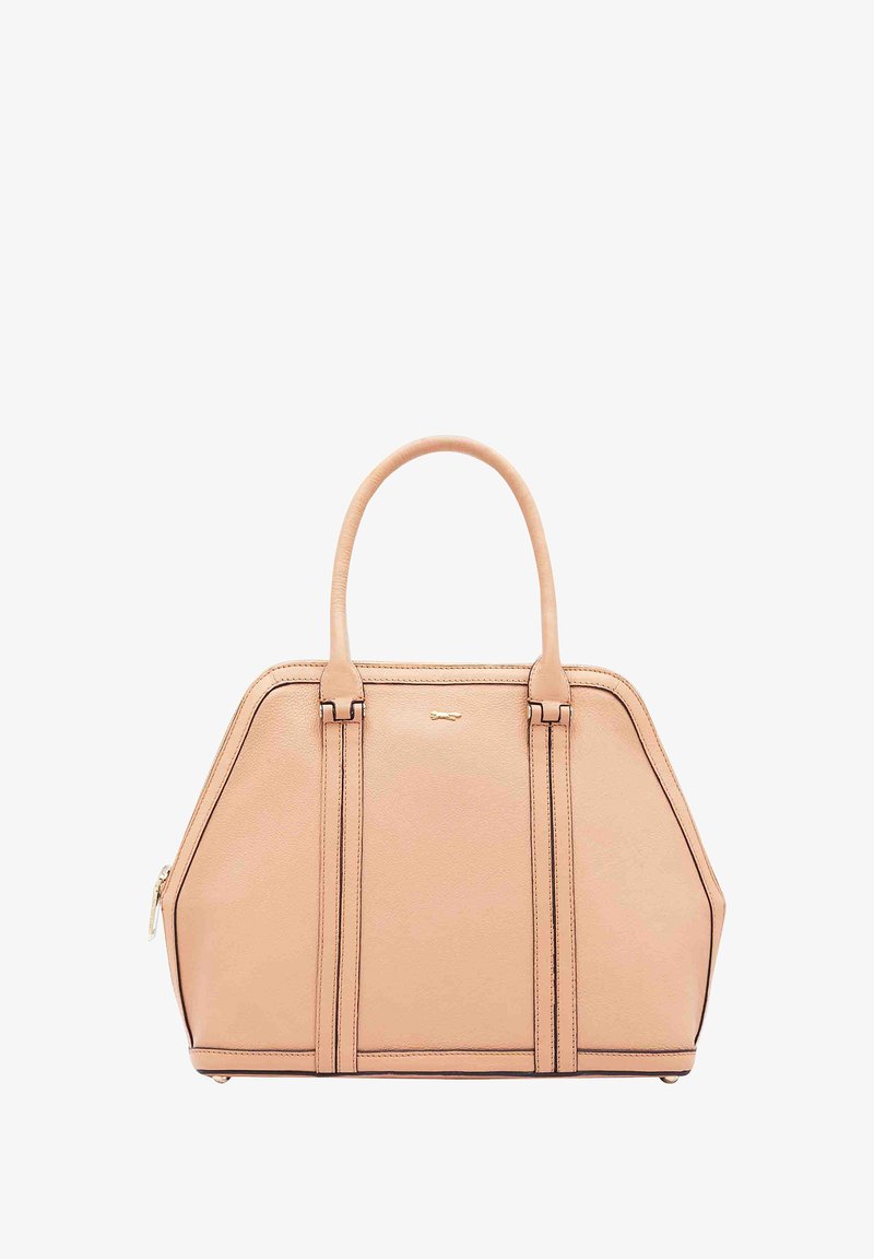 Sac à main en cuir tan au format structuré, doté de deux poignées supérieures, d'une couture contrastante et d'un petit logo sur le devant.