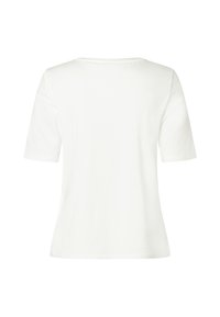 Weißes Baumwoll-T-Shirt mit kurzen Ärmeln, rundem Ausschnitt und lockerer Passform. Glatte Textur, keine Muster oder sichtbaren Verzierungen.