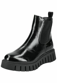 Botas negras hasta el tobillo con un acabado brillante y patinado; paneles laterales elásticos acanalados; gruesa suela de plataforma negra con un diseño segmentado.