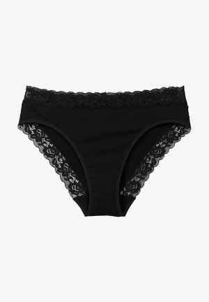 Zwarte katoenen slipjes met een kanten rand rond de tailleband en beenopeningen, met een bloemenpatroon op het kant voor extra detail.