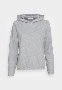 Helle graue langärmlige Kapuzenjacke aus weichem Material, mit elastischem Saum und einem V-Ausschnitt vorne ohne Kordeln.