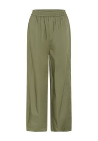 Olivgrüne, weit geschnittene Hose mit einem elastischen Bund und einer glatten Textur. Verfügt über ein einfaches Design ohne zusätzliche Muster oder Akzente.