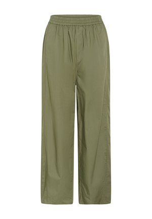 Olivgrüne, weit geschnittene Hose mit einem elastischen Bund und einer glatten Textur. Verfügt über ein einfaches Design ohne zusätzliche Muster oder Akzente.