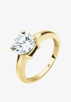 Guldring med en stor oval klar zirkonia sat i klør, glat ring med indvendig gravering "375."