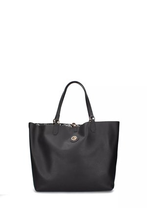 Borsa a tote nera in pelle con doppio manico, accentuata da un logo in tono oro e una fodera a motivo visibile nella parte superiore. Texture liscia, design spazioso.