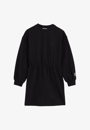 Schwarzes Sweatshirtkleid mit langen, bauschigen Ärmeln, elastischer Taille und einem dezenten, geprägten floralen Logo auf der Brust. Details mit Schriftzug auf dem Ärmel.