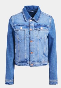 Light blue denim jacket featuring a classic collar, distressed texture, two chest pockets, and copper-tone buttons down the front and cuffs.