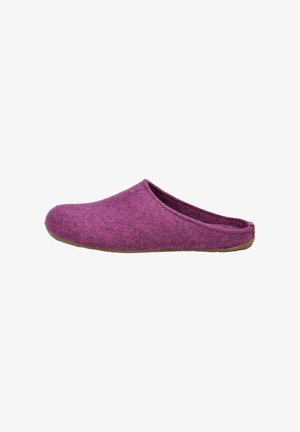 Purple felt slip-on slipper with a low back and brown sole, designed for indoor use on a white background.