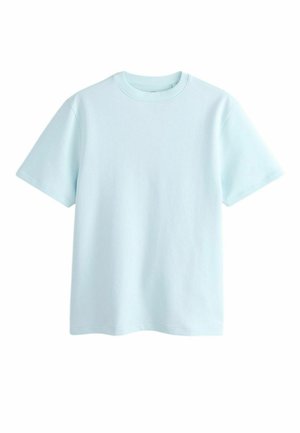 T-shirt a maniche corte color azzurro chiaro, con scollo rotondo e design semplice, distesa su uno sfondo bianco.