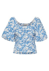 Blouse fleurie en bleu clair et blanc, avec un design froncé, des manches courtes bouffantes et un décolleté carré. Tissu à texture douce.