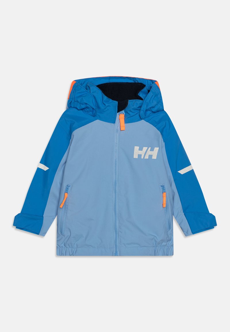 Mėlyna nepralaidi vandeniui striukė su oranžine užtrauktuku, gobtuvu ir logotipu; sukurta su lygiu paviršiumi ir elastinėmis rankovėmis, užtikrinančiomis tvirtą prigludimą.