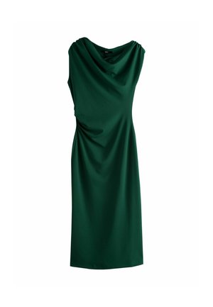 Bezrukávové tmavozelené saténové šaty s riaseným výstrihom a miernym nariasením na ľavej strane, dĺžka midi.