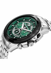 Edelstahl-Uhr mit grünem Zifferblatt, schwarzem Lünette, Chronographenfunktionen und Akzenten in Silber. Verfügt über eine strukturierte Krone und ein Gliederarmband.