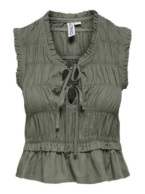 Bluza fără mâneci, verde măsliniu, cu guler și tiv cu volane, textură adunată a țesăturii și două legături în fața gulerului.