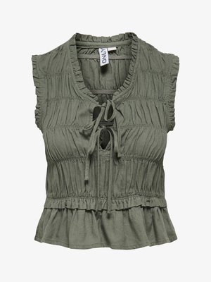 Bluza fără mâneci, verde măsliniu, cu guler și tiv cu volane, textură adunată a țesăturii și două legături în fața gulerului.