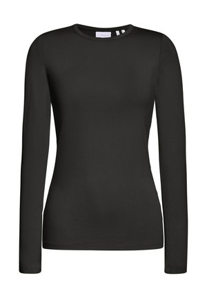 Schwarzes Langarmshirt aus einem glatten, dehnbaren Stoff mit Rundhalsausschnitt und taillierter Silhouette. Einfaches Design, keine Muster oder Akzente.