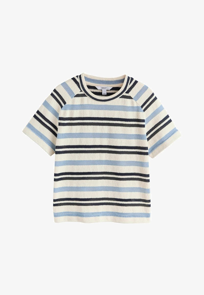 Haut en maille à manches courtes avec des rayures horizontales alternées en bleu clair, noir et crème, avec un col rond.