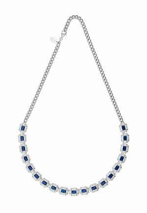 Silver chain necklace featuring rectangular blue gems surrounded by clear rhinestone accents, with a lobster clasp closure.