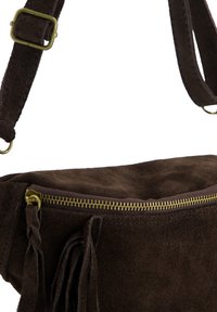 Braune Wildleder-Umhängetasche mit einem goldenen Reißverschluss, versehen mit einer Fronttasche und Fransen-Detail. Verstellbarer Riemen mit Messingbeschlägen.