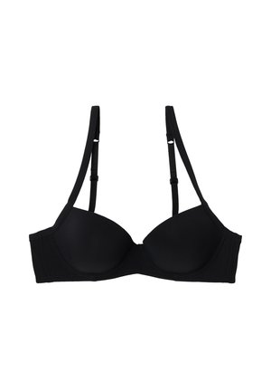 Černá podprsenka s kosticemi, hladkými tvarovanými košíčky, nastavitelnými ramínky a jemnými stehy. Vyrobena z elastického materiálu pro pohodlí.