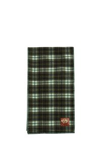 Écharpe à carreaux dans des tons de vert foncé, noir et bleu clair avec des accents jaunes. Tissu doux, couture soignée et un petit patch en cuir.