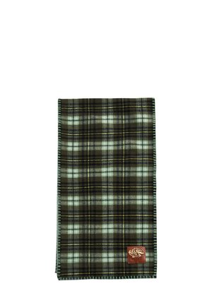Plaid scarf in dark green, black, and light blue with yellow accents. Soft fabric, neat stitching, and a small leather logo patch.