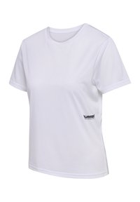 Witte T-shirt met korte mouwen van gladde stof, met een ronde halslijn en een klein zwart "hummel"-logo aan de onderkant.