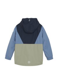 Wasserabweisende Jacke mit einem Farbschnitt-Design in Marineblau, Hellblau und Olivgrün; ausgestattet mit einer Kapuze und elastischen Bündchen.